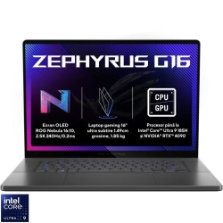 Laptop Gaming ASUS ROG Zephyrus G16 GU605MZ cu procesor Intel® Core™ Ultra 9 185H pana la 5.1GHz, 16'', 2.5K, OLED, 240Hz, 32GB LPDDR5X, 2TB SSD, NVIDIA® GeForce RTX™ 4080 12GB GDDR6, No OS, Eclipse Gray